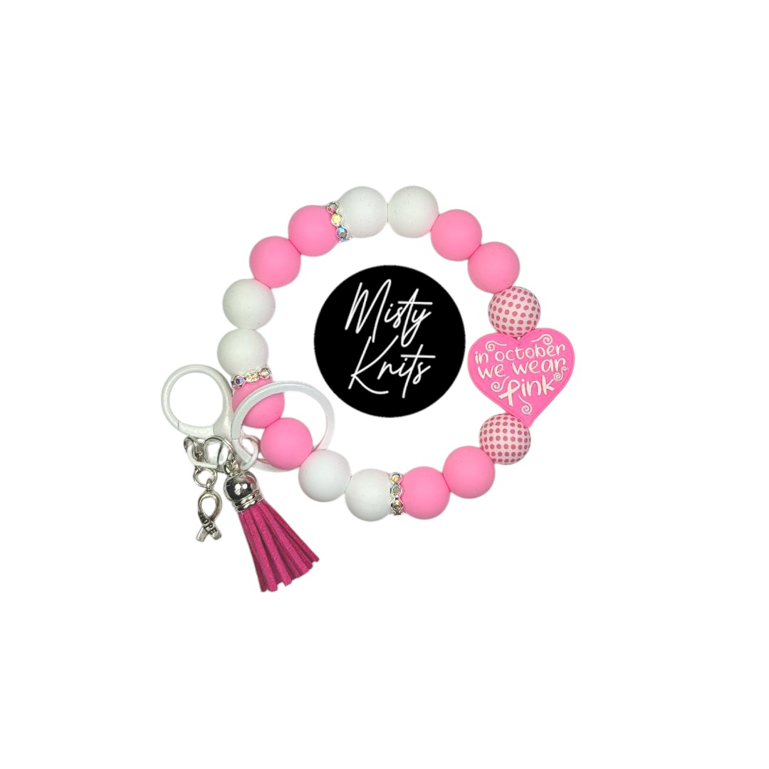 In October We Wear Pink Breast Cancer Awareness Bracelet Keychain - Pink