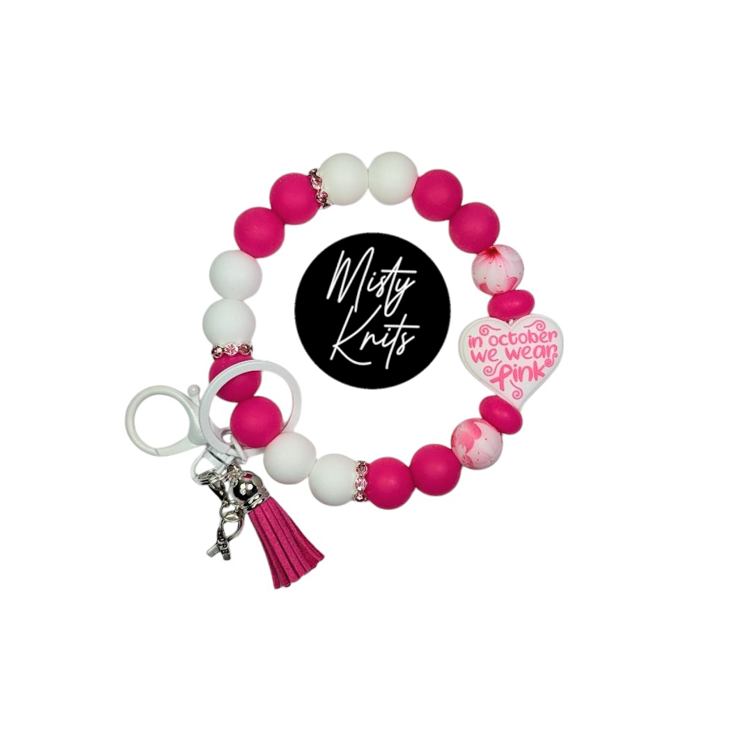 In October We Wear Pink Breast Cancer Awareness Bracelet Keychain - White