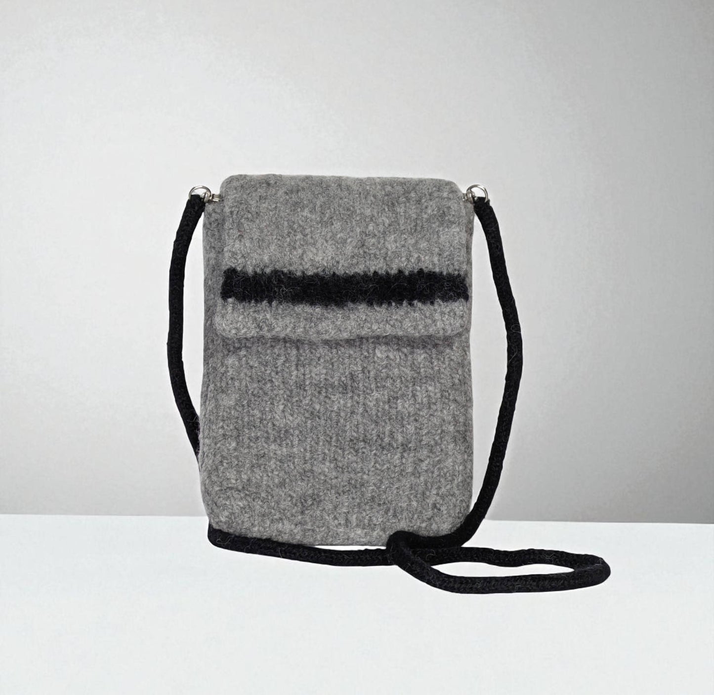 The Short Flap Slim Wooly Crossbody Purse in Light Gray and Black