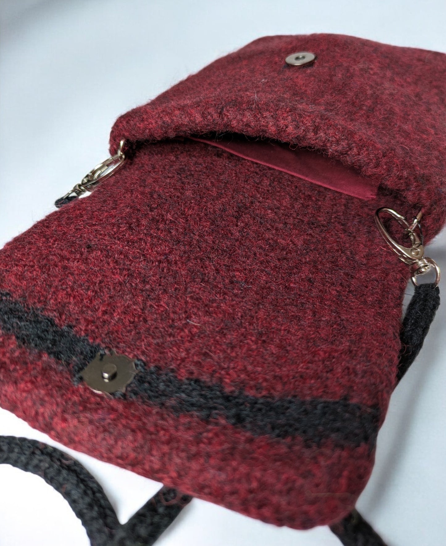 The Short Flap Slim Wooly Crossbody Purse in Burgundy and Black