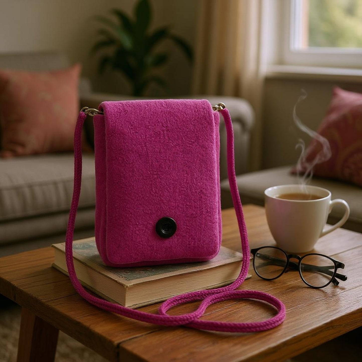 The Slim Wooly Crossbody Purse in Fuschia
