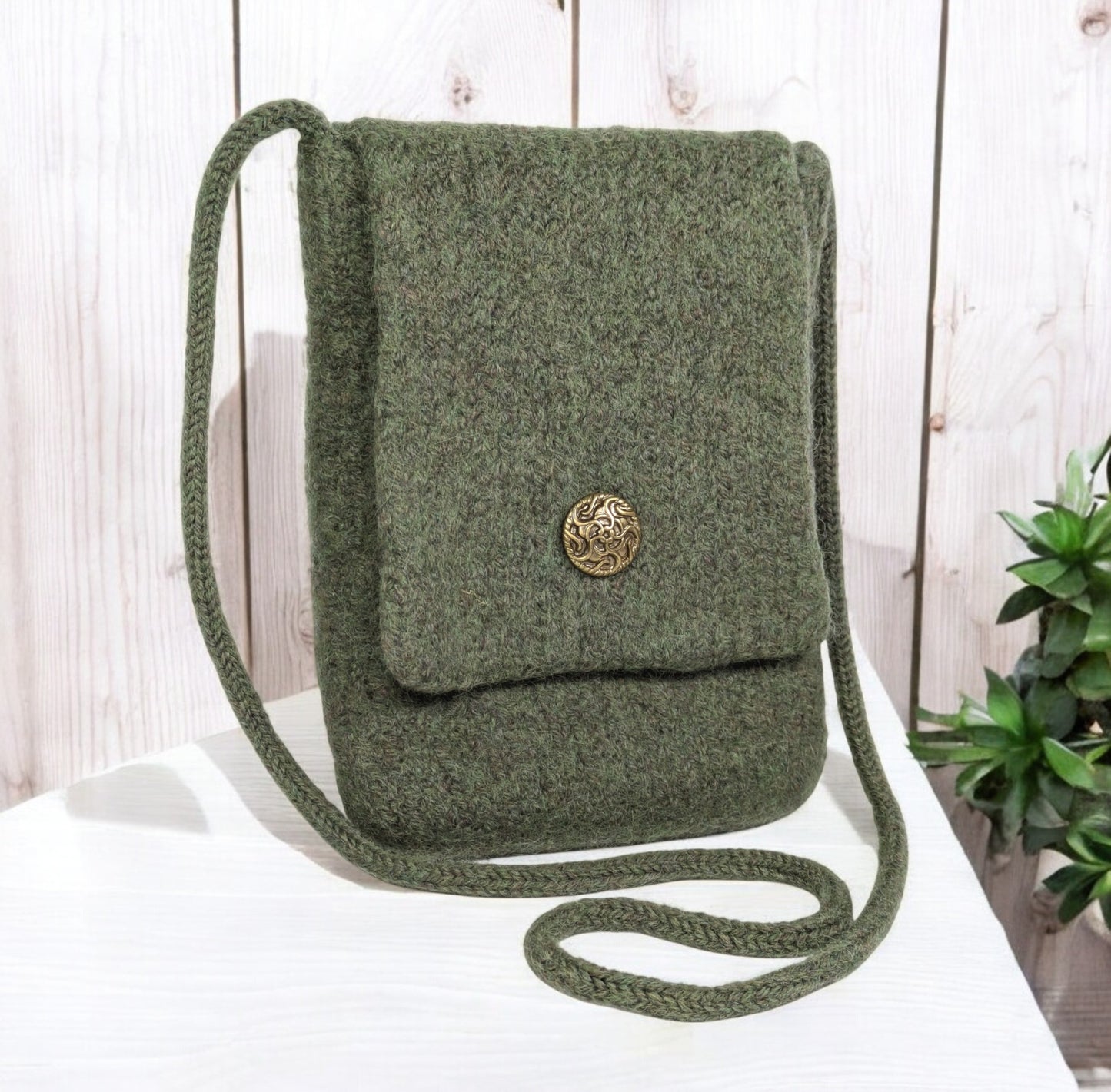 The Slim Wooly Crossbody Purse in Olive Green