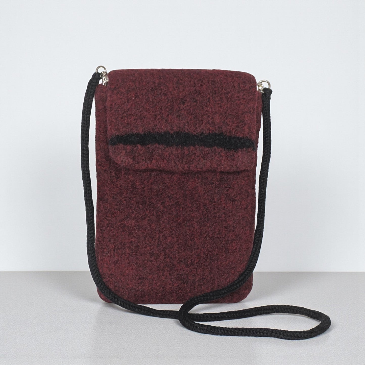 The Short Flap Slim Wooly Crossbody Purse in Burgundy and Black