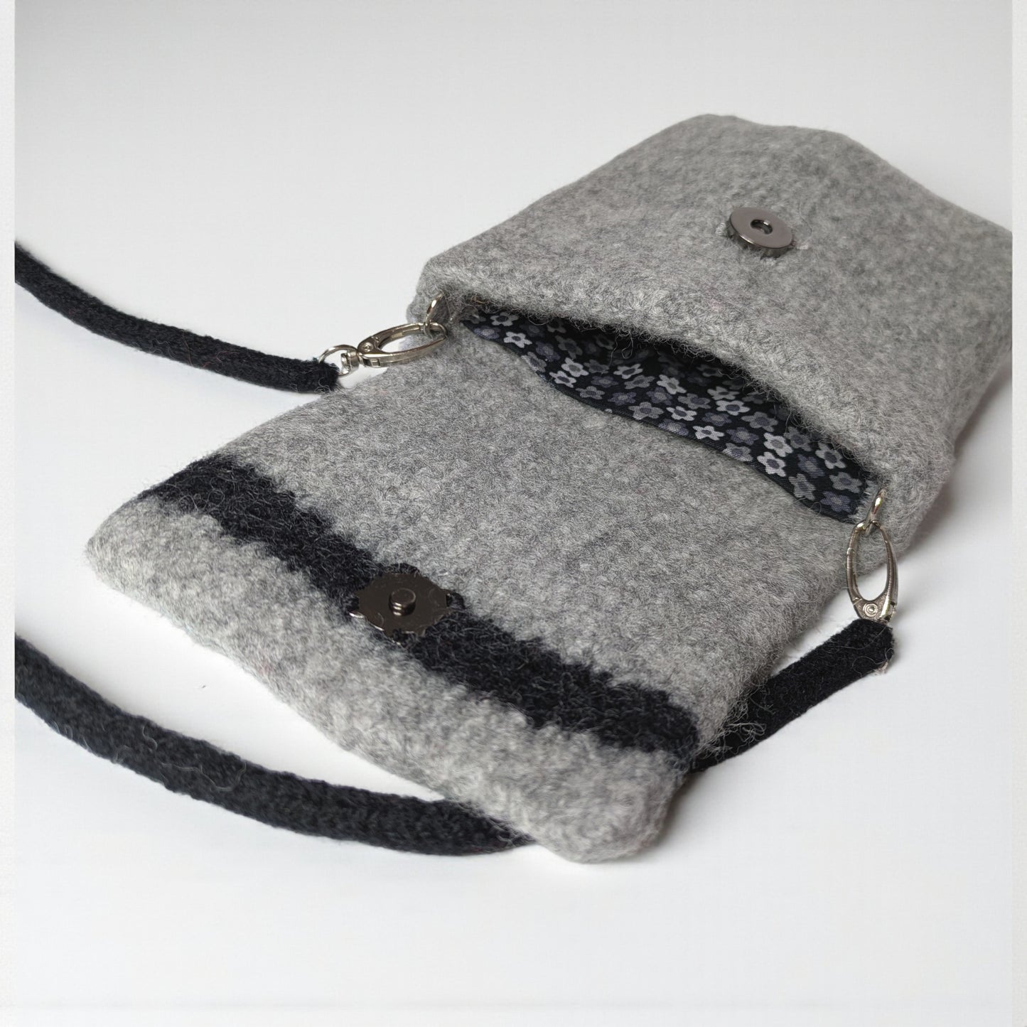 The Short Flap Slim Wooly Crossbody Purse in Light Gray and Black