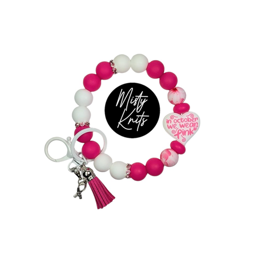 In October We Wear Pink Breast Cancer Awareness Bracelet Keychain - White