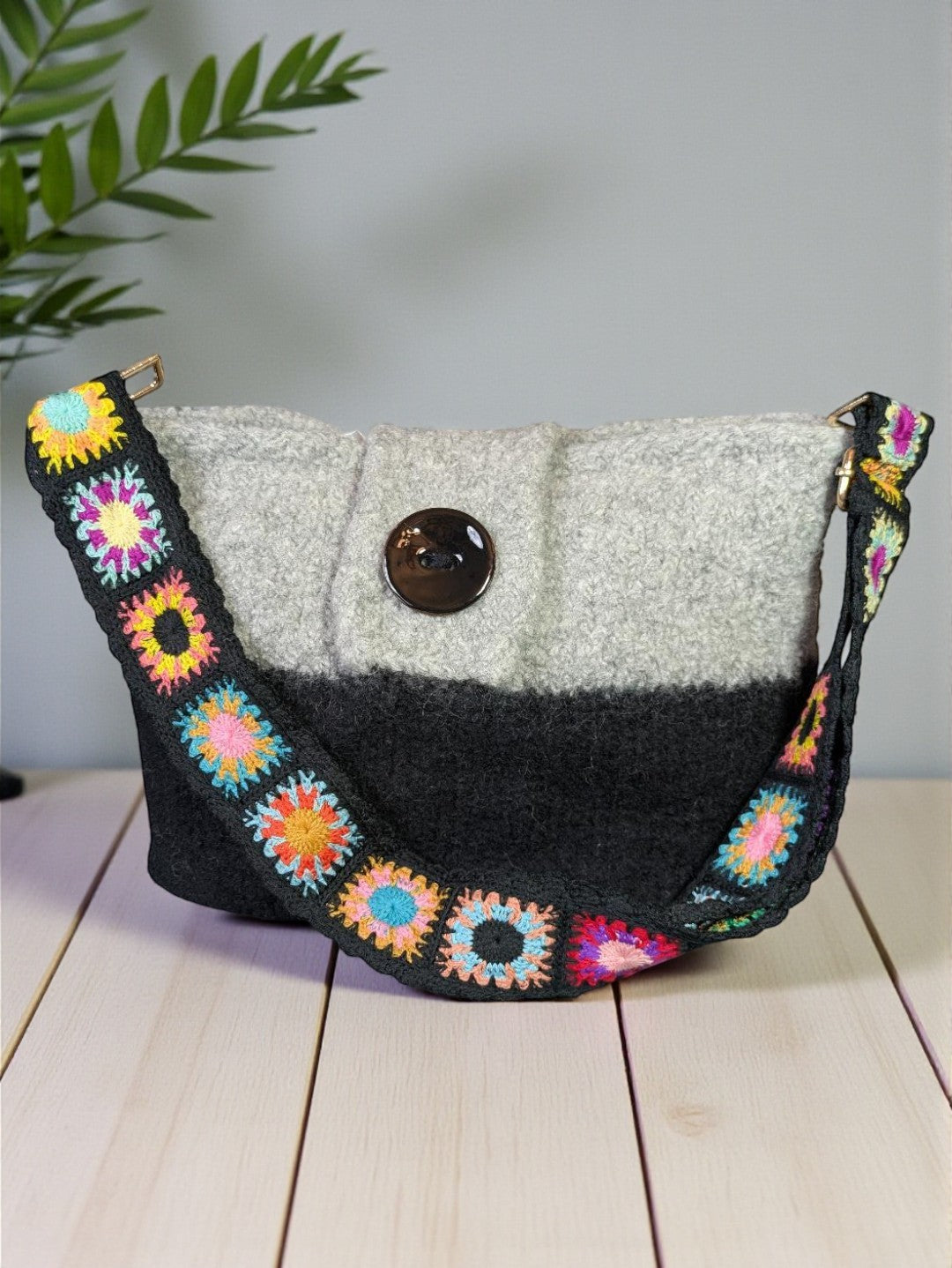 Gray and Black Felted Wool Purse with Boho Strap