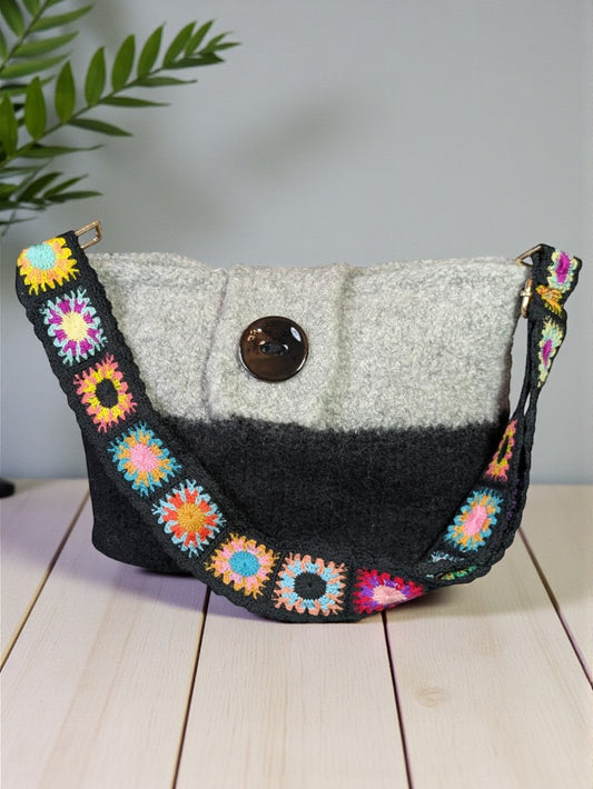 Gray and Black Felted Wool Purse with Boho Strap