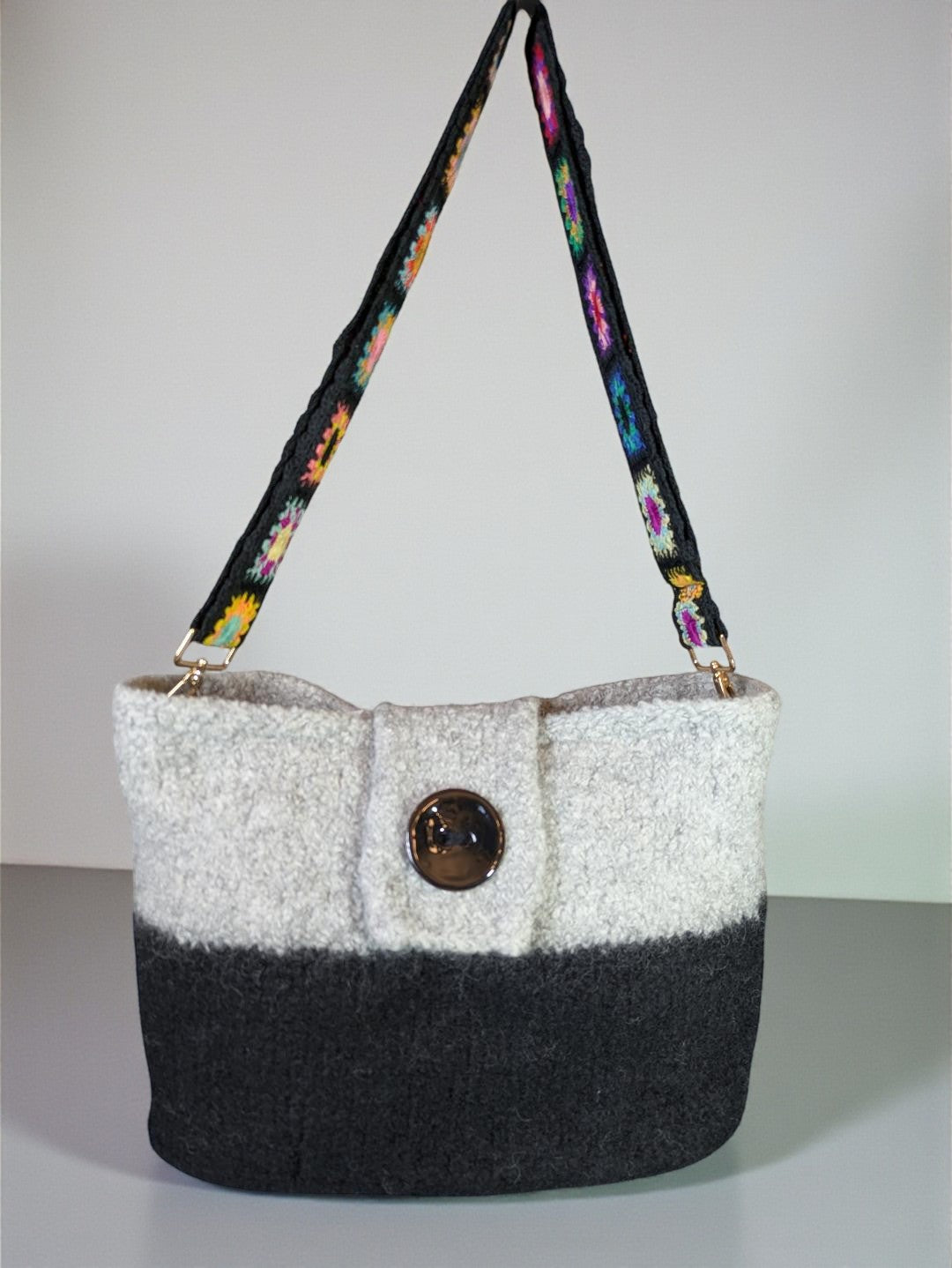 Gray and Black Felted Wool Purse with Boho Strap