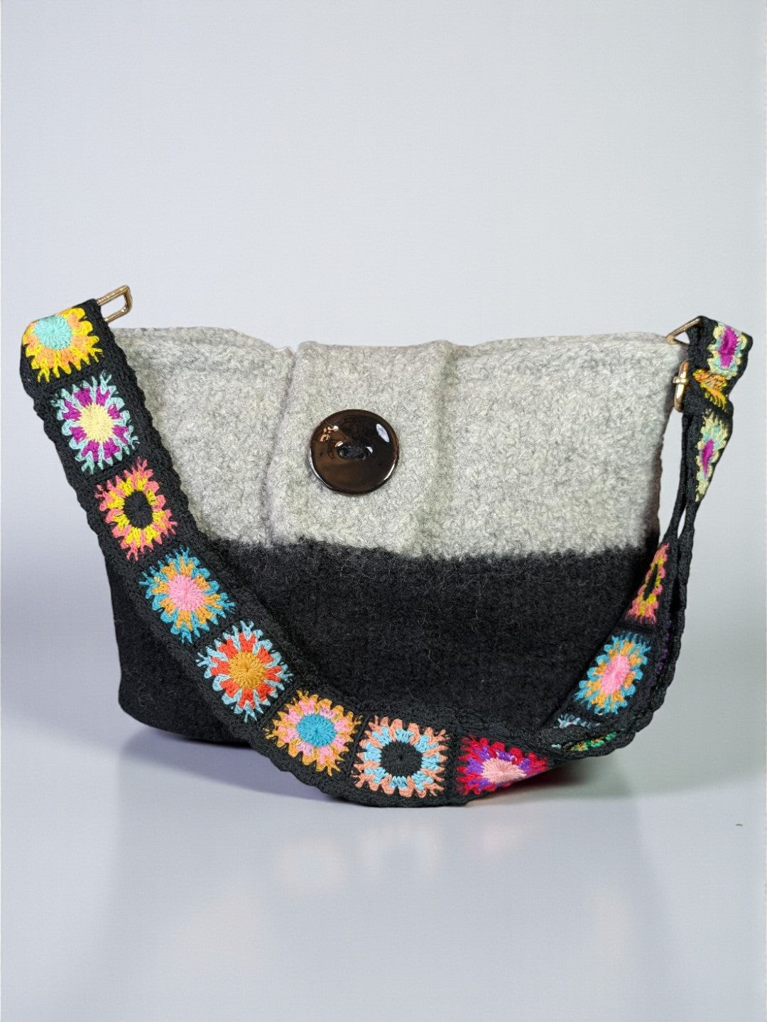 Gray and Black Felted Wool Purse with Boho Strap