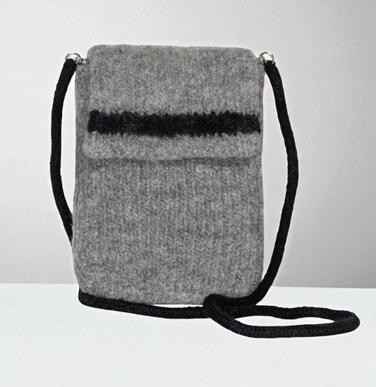 The Short Flap Slim Wooly Crossbody Purse in Light Gray and Black