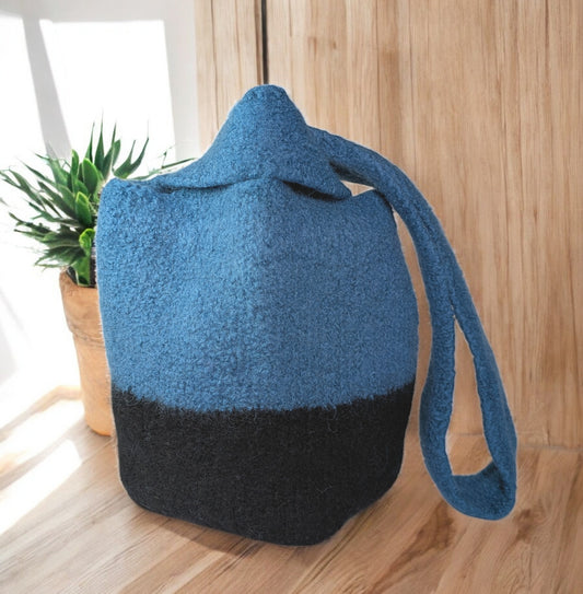 Felted Wool Knot Bag - Teal Blue and Black
